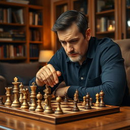 A focused adult man intensely playing chess at a wooden table, surrounded by an ornate chess set with intricately designed pieces