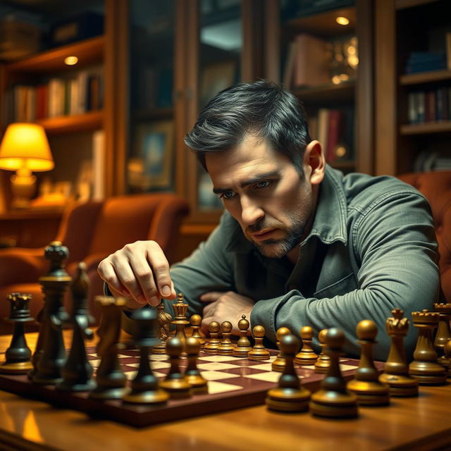 A focused adult man intensely playing chess at a wooden table, surrounded by an ornate chess set with intricately designed pieces