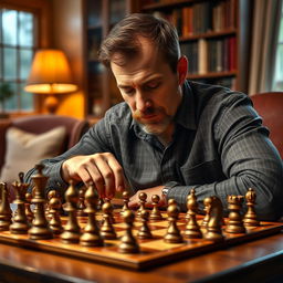 A focused adult man intensely playing chess at a wooden table, surrounded by an ornate chess set with intricately designed pieces