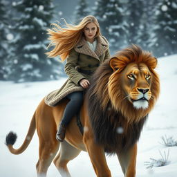 A beautiful young woman with flowing long hair, dressed in a warm, stylish coat, confidently riding a majestic lion in a snowy winter landscape