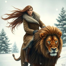 A beautiful young woman with flowing long hair, dressed in a warm, stylish coat, confidently riding a majestic lion in a snowy winter landscape