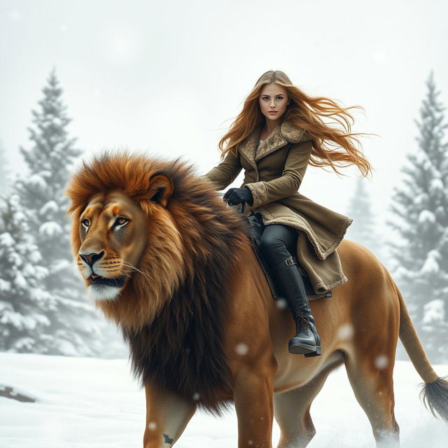 A beautiful young woman with flowing long hair, dressed in a warm, stylish coat, confidently riding a majestic lion in a snowy winter landscape