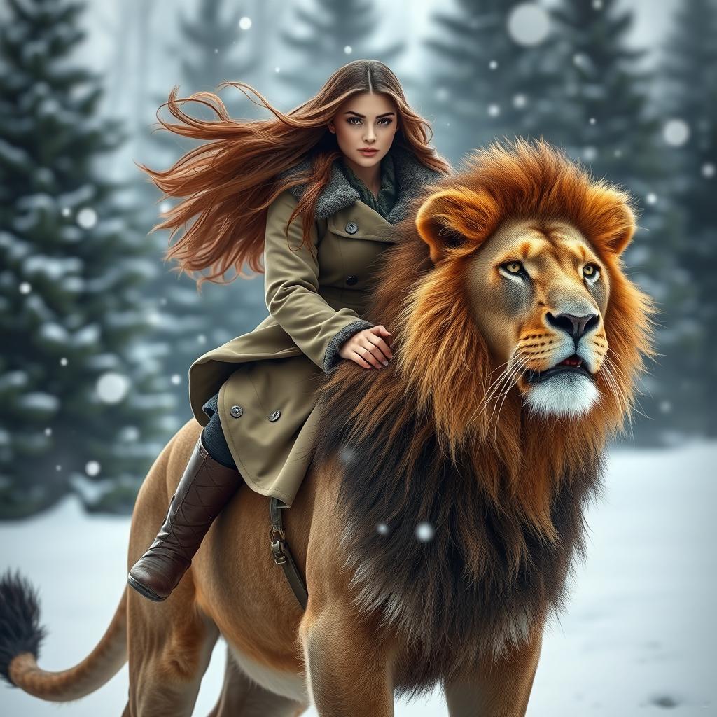 A beautiful young woman with flowing long hair, dressed in a warm, stylish coat, confidently riding a majestic lion in a snowy winter landscape