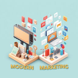 A 3D visual representation illustrating the differences between modern and classic marketing