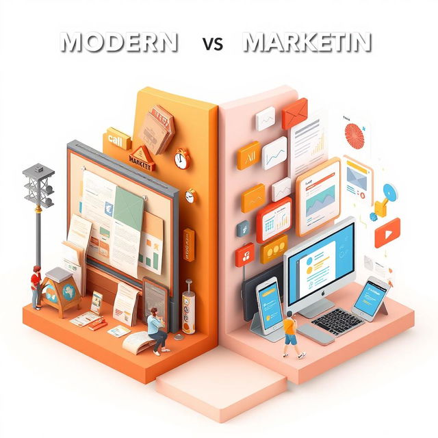 A 3D visual representation illustrating the differences between modern and classic marketing