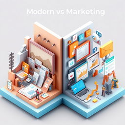 A 3D visual representation illustrating the differences between modern and classic marketing