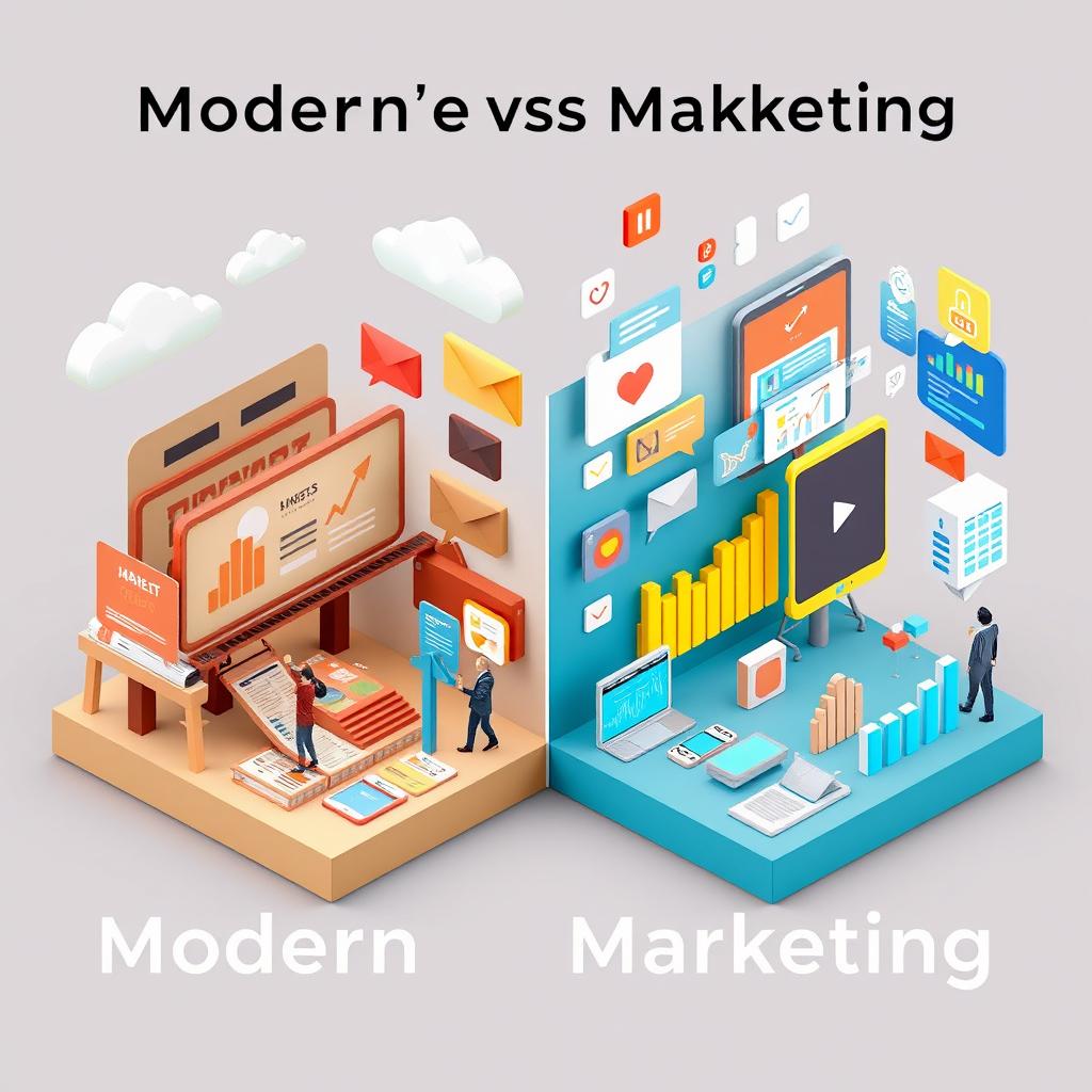 A 3D visual representation illustrating the differences between modern and classic marketing