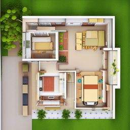 Create an Indian standard floor plan for a plot size of 17 feet × 52 feet that includes one car parking space, a living room, a kitchen, two washrooms, and a staircase.