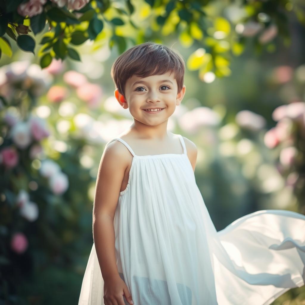 A serene and ethereal portrait of a young boy standing in a flowing white dress