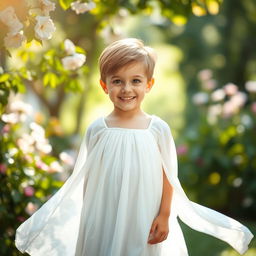 A serene and ethereal portrait of a young boy standing in a flowing white dress