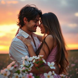A romantic scene featuring a couple embracing in a warm and intimate setting