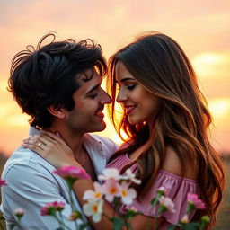 A romantic scene featuring a couple embracing in a warm and intimate setting