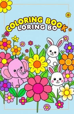 A cheerful and colorful children's coloring book cover featuring cute animals and vibrant flowers