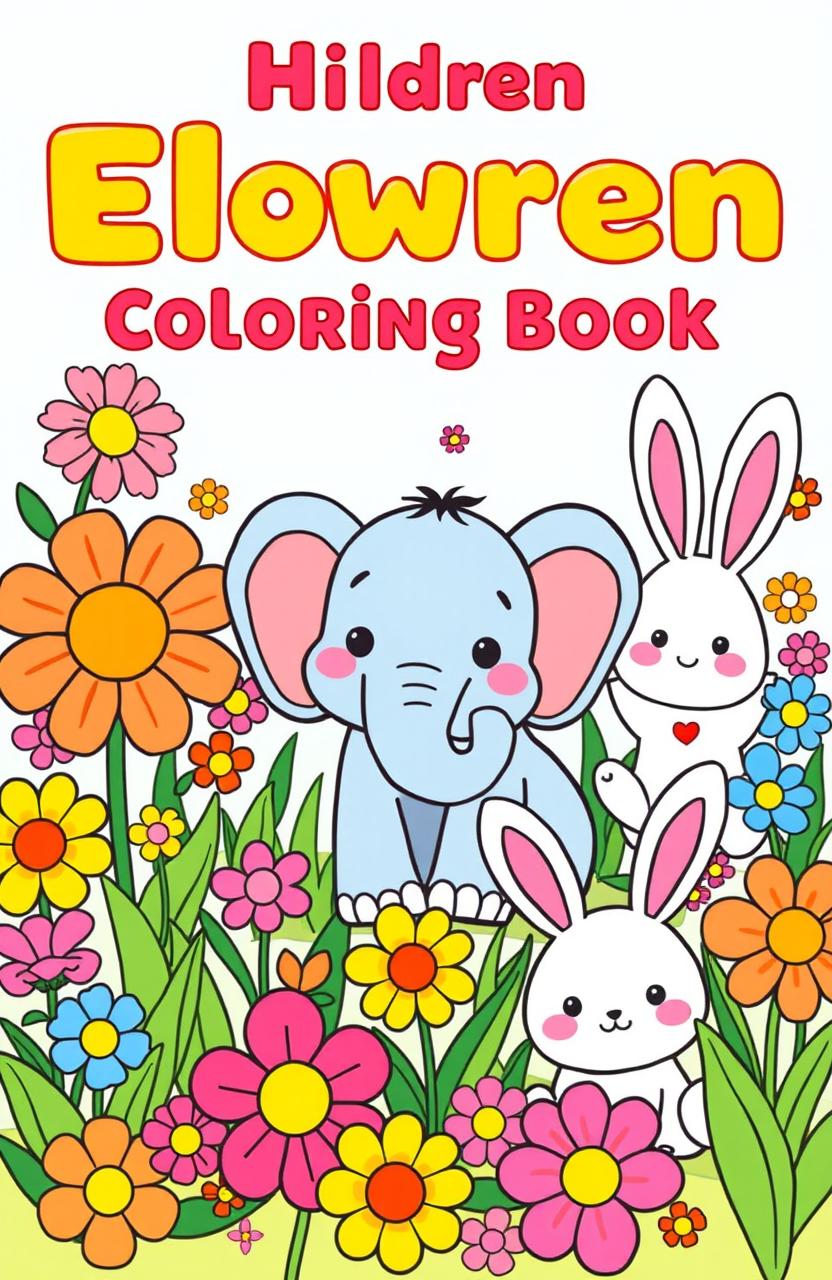 A cheerful and colorful children's coloring book cover featuring cute animals and vibrant flowers