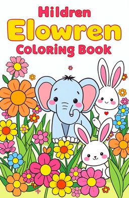 A cheerful and colorful children's coloring book cover featuring cute animals and vibrant flowers