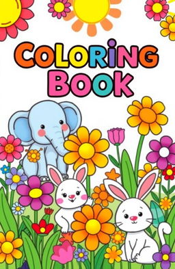 A cheerful and colorful children's coloring book cover featuring cute animals and vibrant flowers