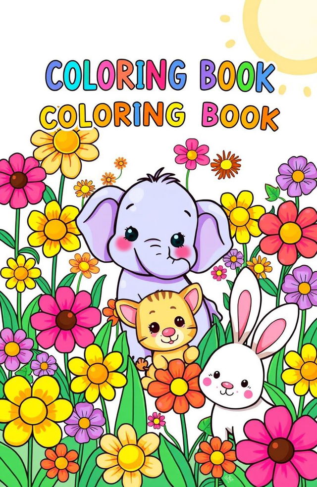 A cheerful and colorful children's coloring book cover featuring cute animals and vibrant flowers