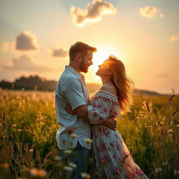 A passionate couple embracing in a sunlit meadow, surrounded by blooming wildflowers, with the golden glow of sunset creating a romantic atmosphere