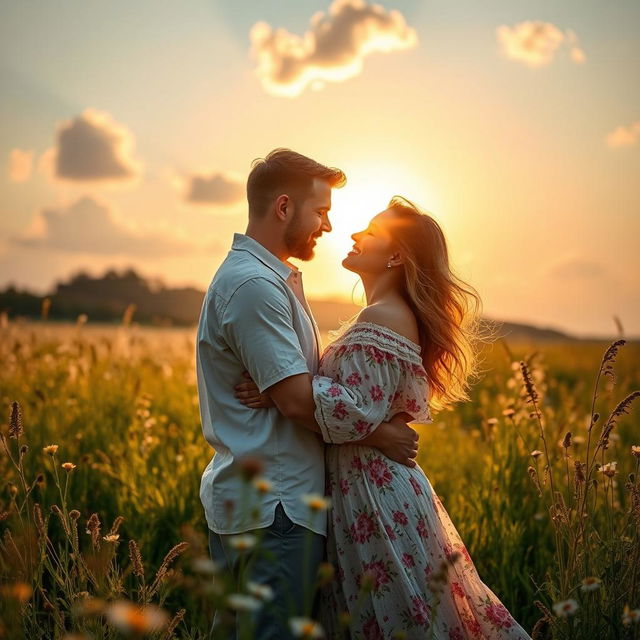 A passionate couple embracing in a sunlit meadow, surrounded by blooming wildflowers, with the golden glow of sunset creating a romantic atmosphere