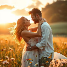 A passionate couple embracing in a sunlit meadow, surrounded by blooming wildflowers, with the golden glow of sunset creating a romantic atmosphere