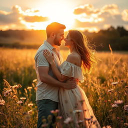 A passionate couple embracing in a sunlit meadow, surrounded by blooming wildflowers, with the golden glow of sunset creating a romantic atmosphere