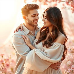 A romantic scene featuring a couple embracing in a warm and intimate setting, inspired by the characteristics of the uploaded images