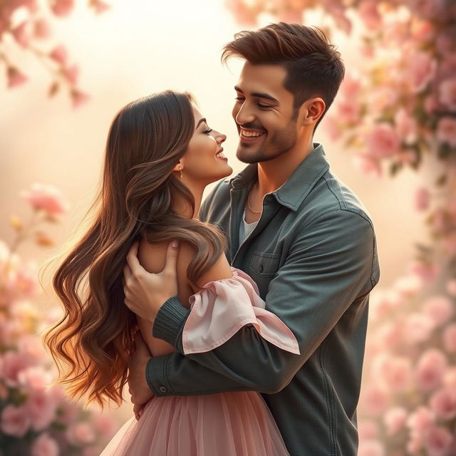 A romantic scene featuring a couple embracing in a warm and intimate setting, inspired by the characteristics of the uploaded images