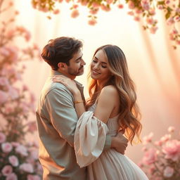 A romantic scene featuring a couple embracing in a warm and intimate setting, inspired by the characteristics of the uploaded images