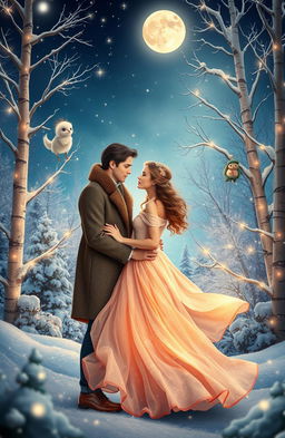 A whimsical scene depicting a beautiful young woman and a handsome man, former lovers, standing in a magical otherworldly setting during Christmas