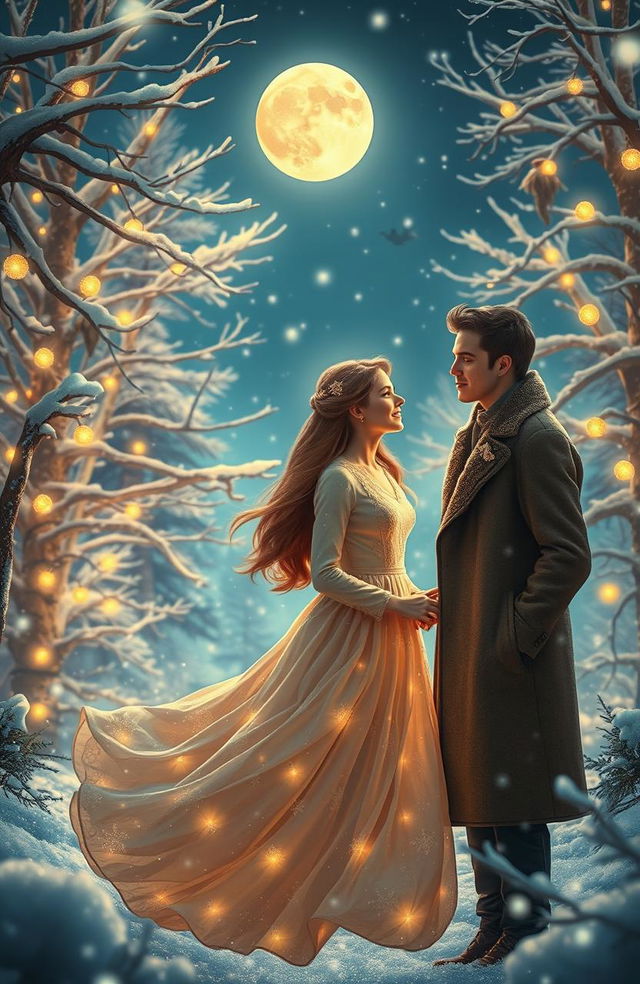 A whimsical scene depicting a beautiful young woman and a handsome man, former lovers, standing in a magical otherworldly setting during Christmas