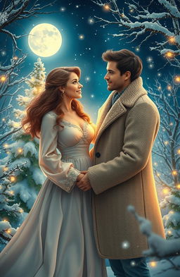 A whimsical scene depicting a beautiful young woman and a handsome man, former lovers, standing in a magical otherworldly setting during Christmas