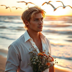 A romantic scene featuring a handsome blonde man with tousled hair, wearing a slightly open white shirt that billows in the gentle breeze