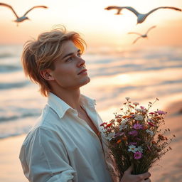 A romantic scene featuring a handsome blonde man with tousled hair, wearing a slightly open white shirt that billows in the gentle breeze