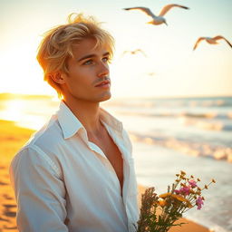 A romantic scene featuring a handsome blonde man with tousled hair, wearing a slightly open white shirt that billows in the gentle breeze