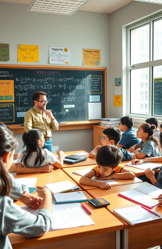 A vibrant classroom scene filled with excited students learning speed mathematics