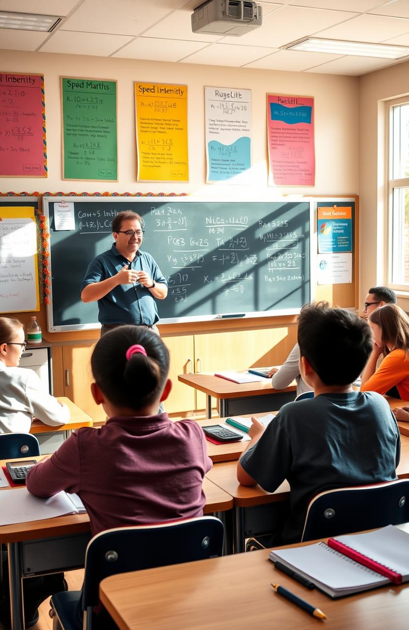 A vibrant classroom scene filled with excited students learning speed mathematics