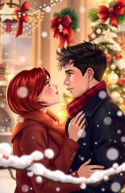 A romantic Christmastime scene featuring a couple gazing into each other's eyes