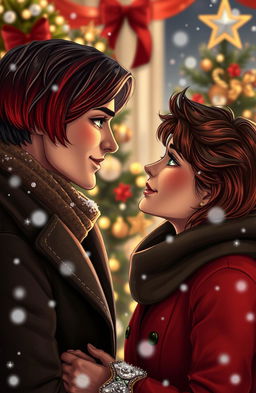 A romantic Christmastime scene featuring a couple gazing into each other's eyes