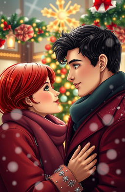 A romantic Christmastime scene featuring a couple gazing into each other's eyes
