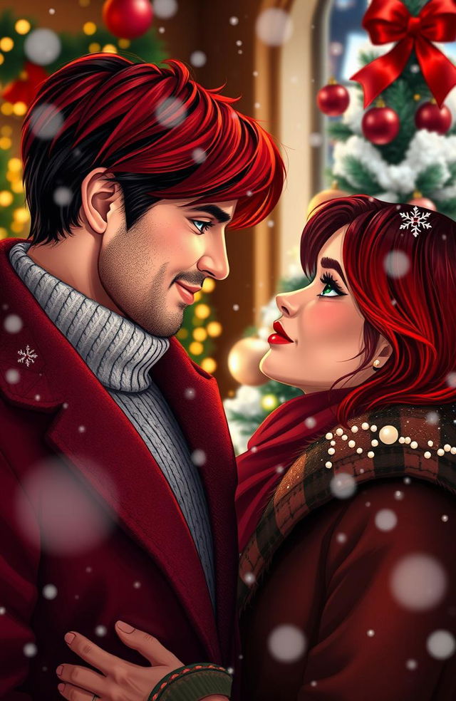 A romantic Christmastime scene featuring a couple gazing into each other's eyes