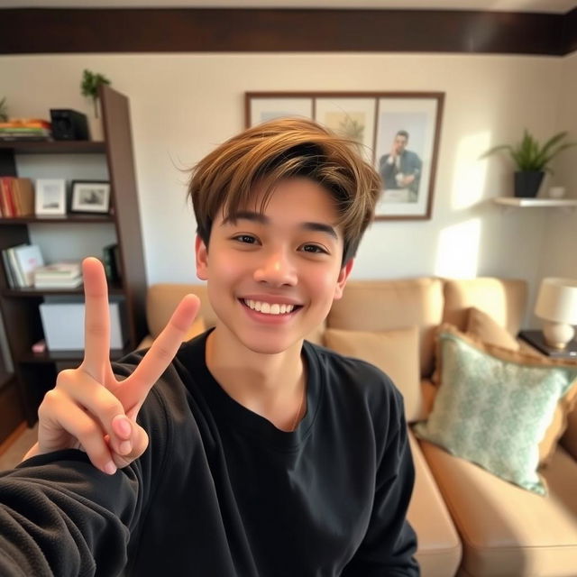 A young adult taking a selfie in a cozy room, smiling and holding up a victory sign with two fingers