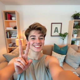 A young adult taking a selfie in a cozy room, smiling and holding up a victory sign with two fingers