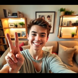 A young adult taking a selfie in a cozy room, smiling and holding up a victory sign with two fingers