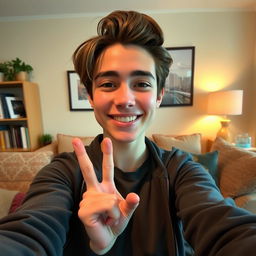 A young adult taking a selfie in a cozy room, smiling and holding up a victory sign with two fingers