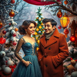 A quirky and whimsical scene featuring a beautiful young woman and a charming man, former lovers, in a surreal otherworldly setting during Christmas