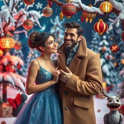 A quirky and whimsical scene featuring a beautiful young woman and a charming man, former lovers, in a surreal otherworldly setting during Christmas