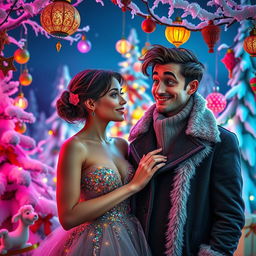 A quirky and whimsical scene featuring a beautiful young woman and a charming man, former lovers, in a surreal otherworldly setting during Christmas