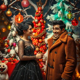 A quirky and whimsical scene featuring a beautiful young woman and a charming man, former lovers, in a surreal otherworldly setting during Christmas