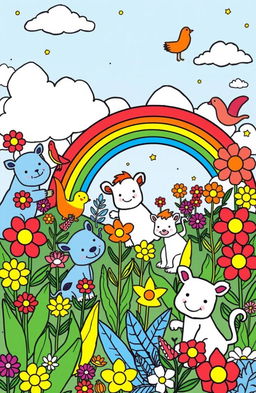 A vibrant children's coloring book illustration featuring various animals, colorful flowers, a rainbow, cheerful clouds, and rich green plants