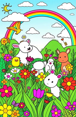 A vibrant children's coloring book illustration featuring various animals, colorful flowers, a rainbow, cheerful clouds, and rich green plants